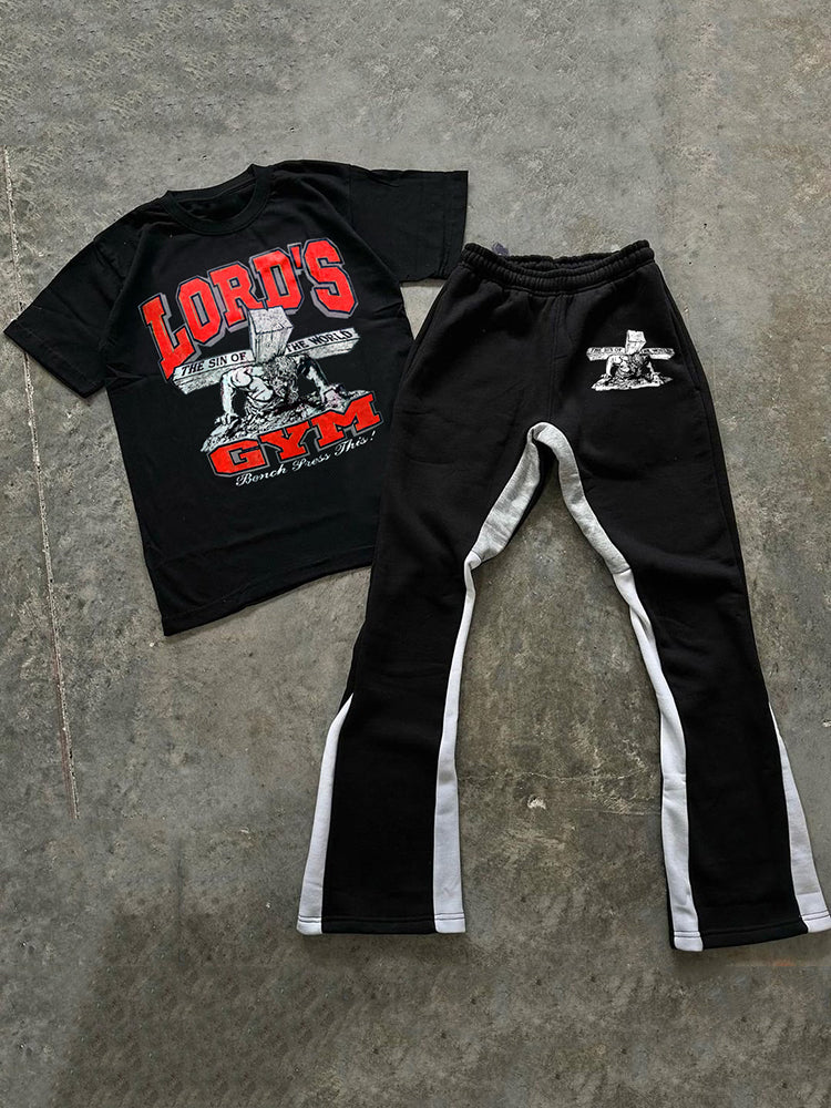 Casual Lord S Gym Print Tee & Flared Trousers Two Piece Set