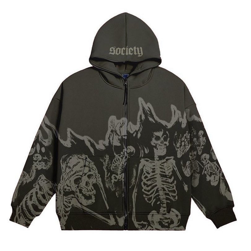 Vintage Flame Skull Print Graphic Zip Up Hoodie