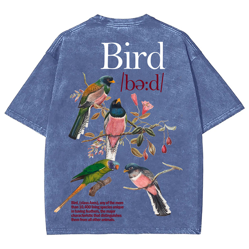 Bird Print Graphic Vintage Acid Wash Cotton T-Shirt