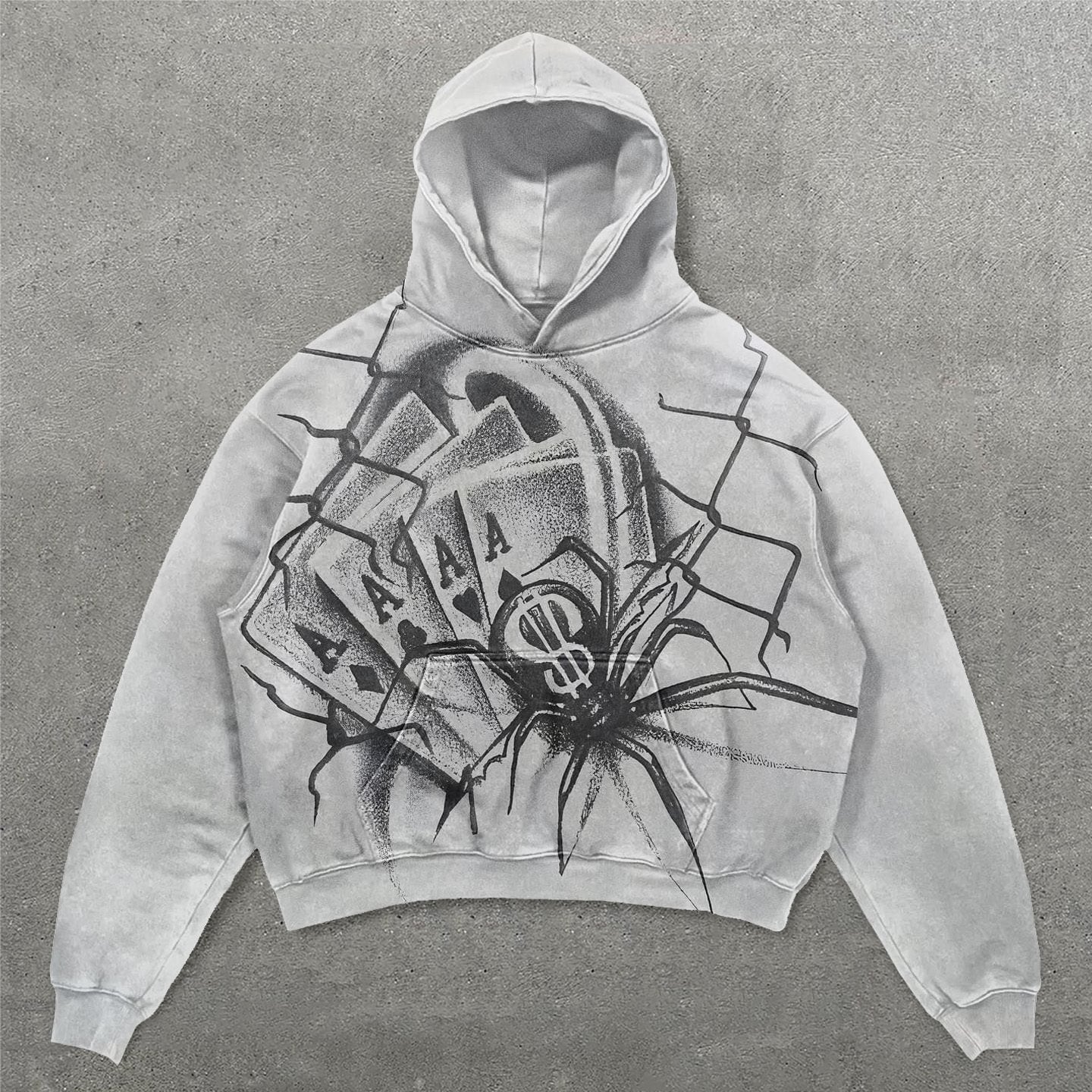 Vercoo Vintage Spider Playing Cards Graphic Washed Hoodie