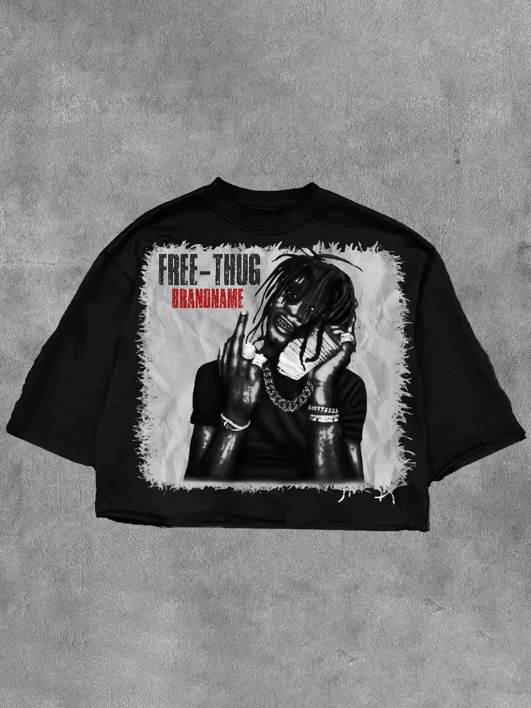 Vintage Free Thug Graphics Printed Cotton T-Shirt