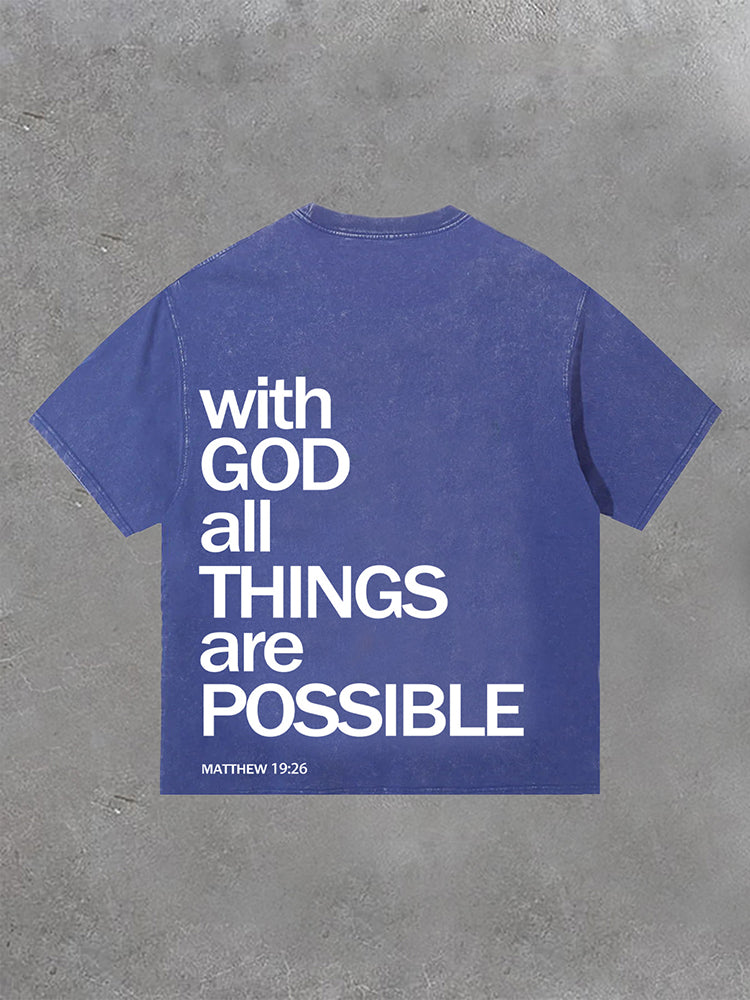 Vercoo With God All Things Are Possible Print Washed T-Shirt