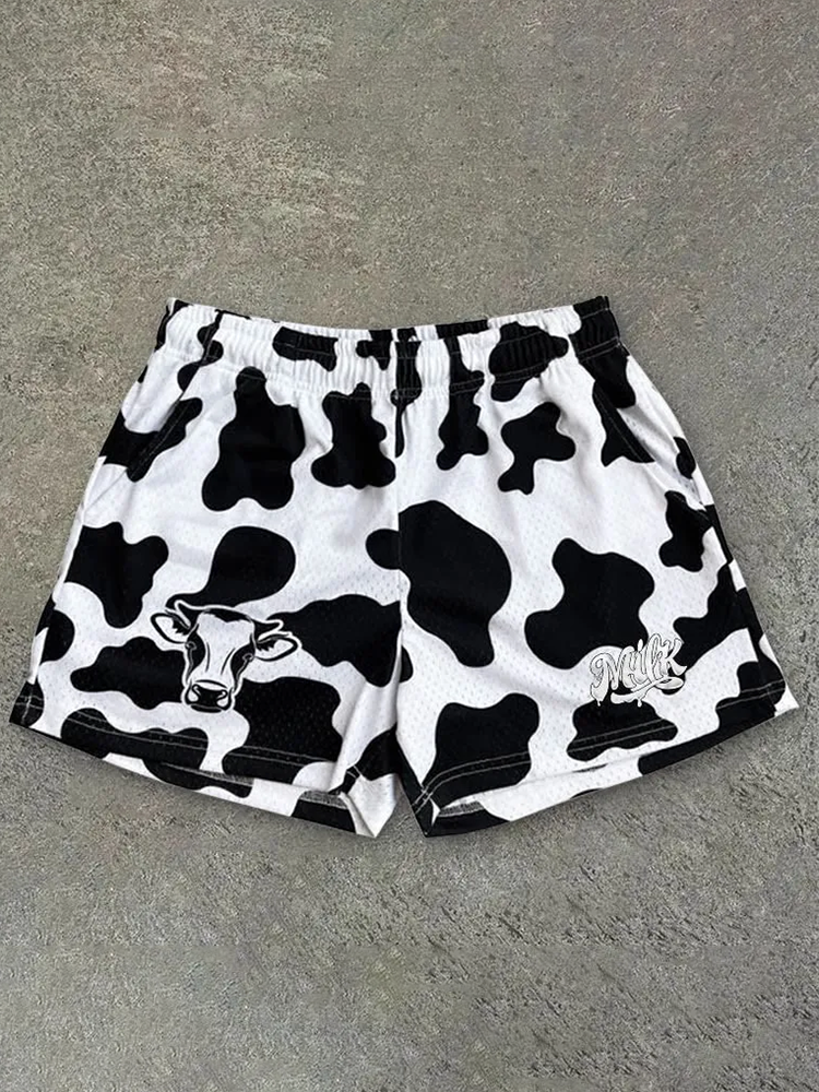 Vintage Milk Cow Art Graphics Mesh Shorts