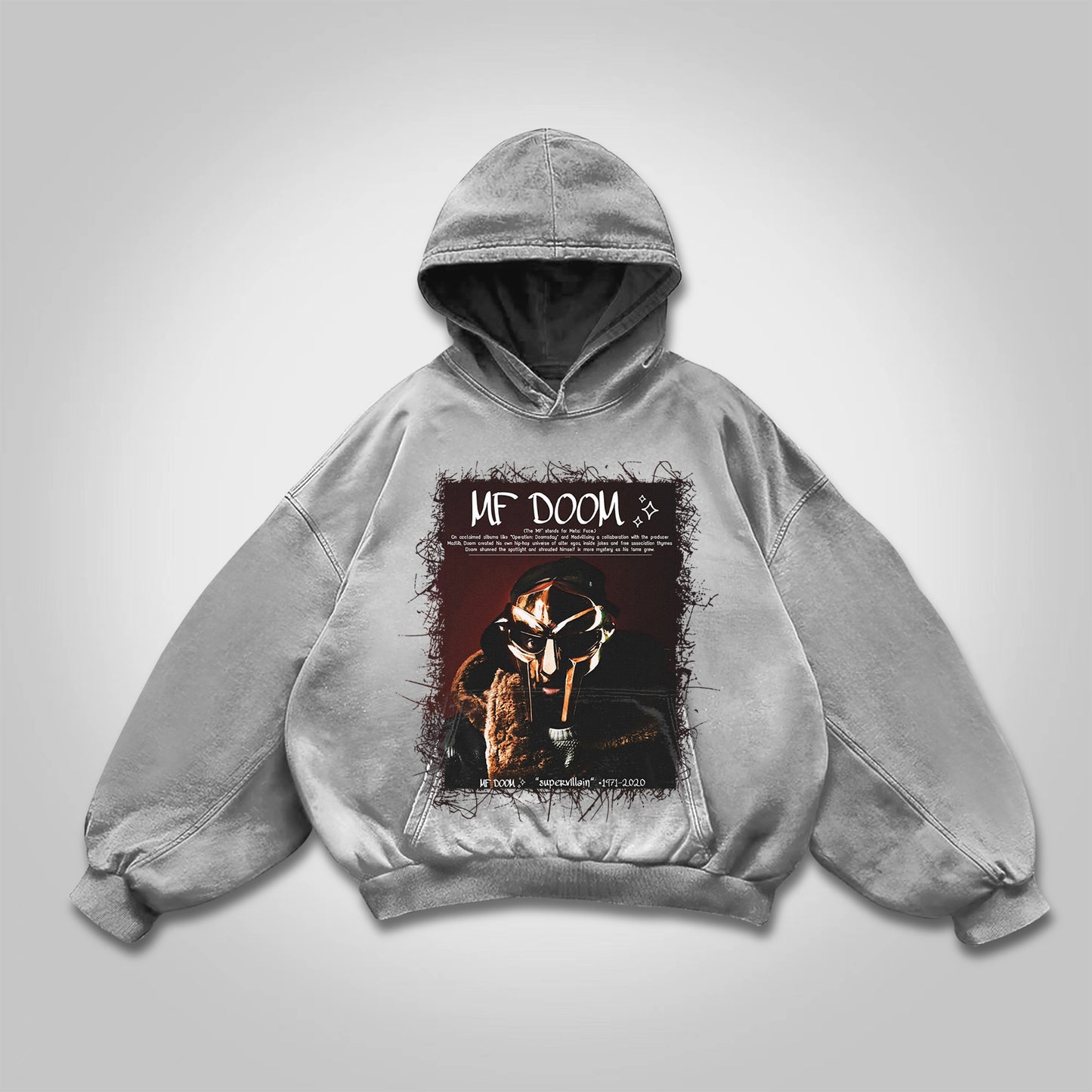 Vercoo Vintage The Illest Villain Mf Doom Graphic Print Washed Hoodie