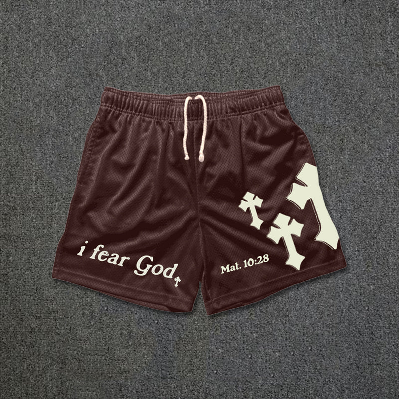 I Fear God Cross Print Graphic Mesh Shorts