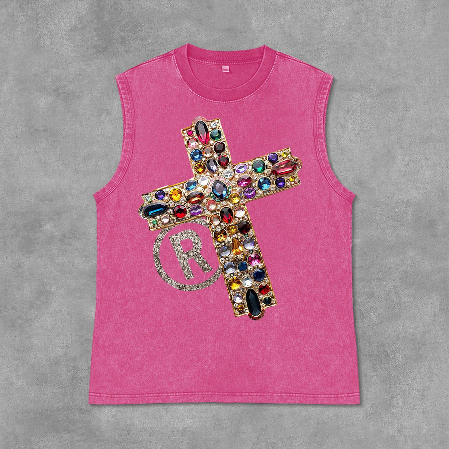 Diamond Cross Graphic Print Casual Acid Washed Sleeveless Tank Top