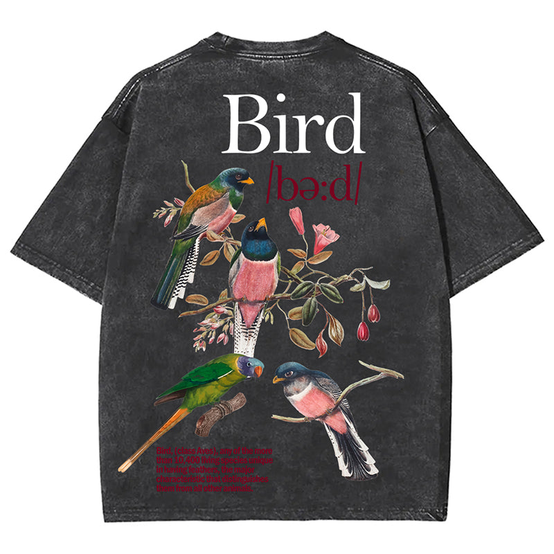 Bird Print Graphic Vintage Acid Wash Cotton T-Shirt