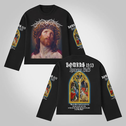 Vercoo Vintage Jesus Portrait Graphic Bible Print Cotton Long Sleeve T-Shirt