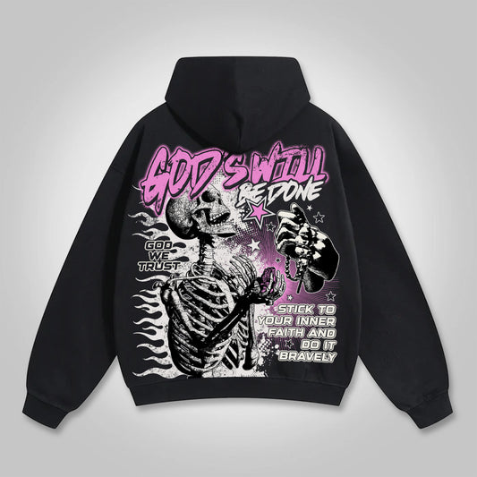 God's Will Be Done Flame Beliefs Skull Graphics Cotton Pocket Hoodie