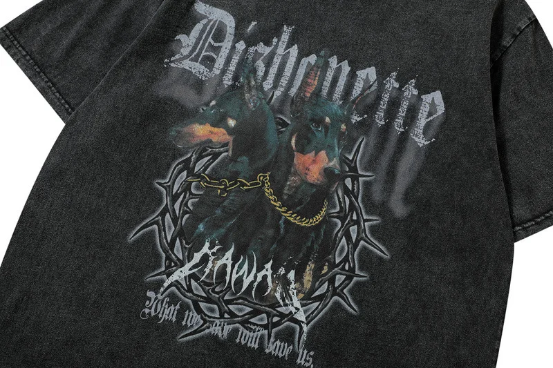 High Street Diablo Doberman Old T-Shirt Hip Hop Street Short Sleeve