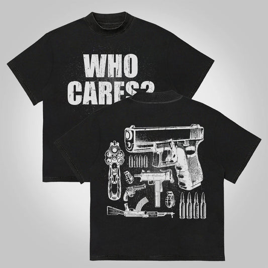 Vercoo Who Cares？vintage Outlet Firearms Graphics Cotton T-shirt