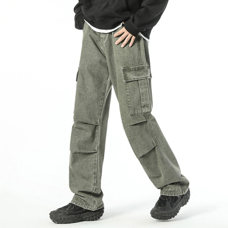 Men's Trendy Loose Wide-Leg Multi-Pocket Straight Pleated Work Pants