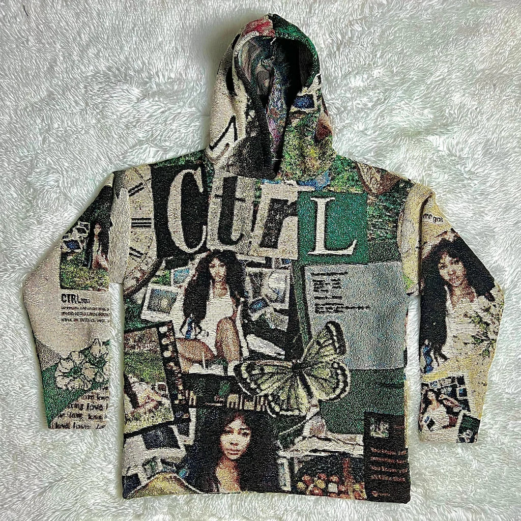 Y2k Vintage Saz Ctrl Graphic Print Tapestry Pullover Hoodie