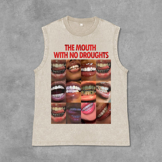 Vintage Lips Graphic The Mouth With No Droughts Print Acid Washed Sleeveless Tank Top