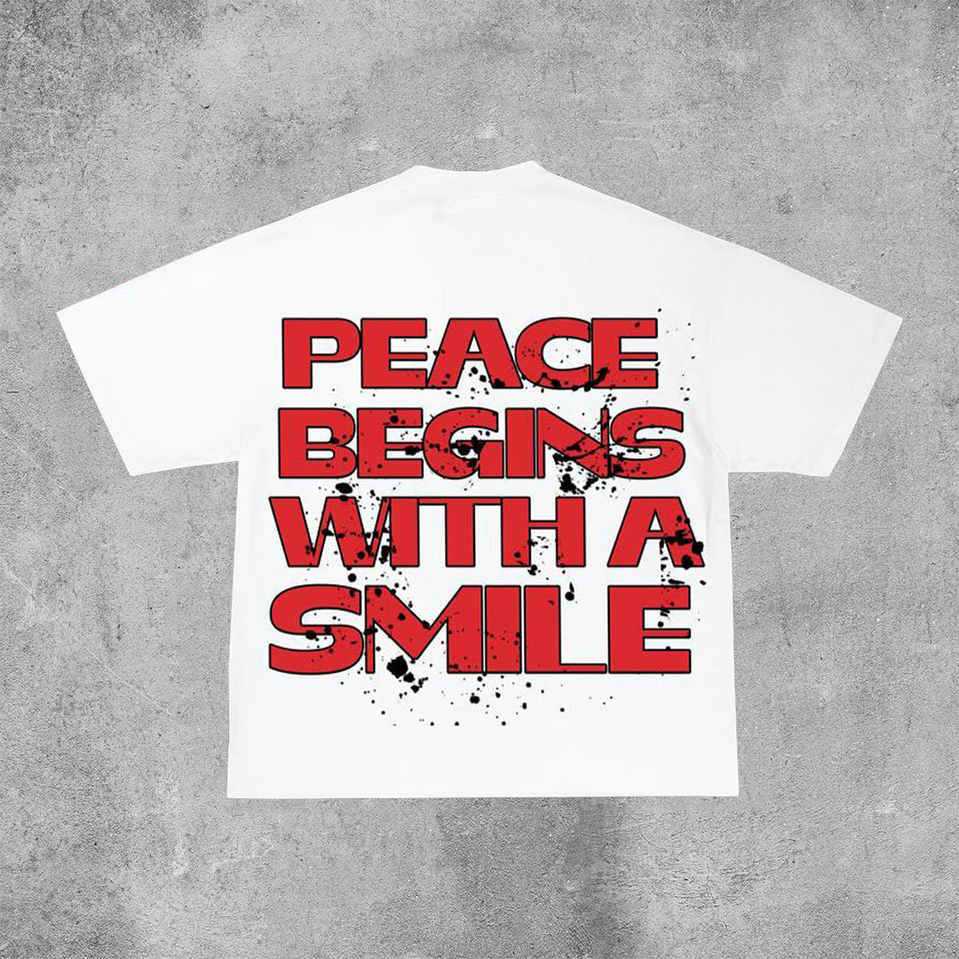 Vercoo Vintage Peace Begins With A Smile Graphic Cotton Short Sleeve T-Shirt