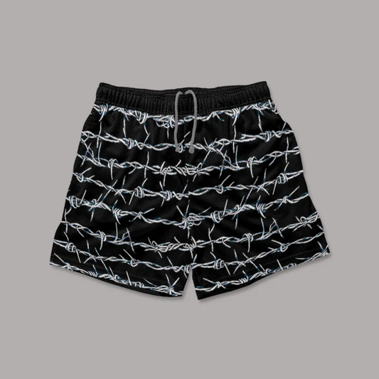 Vintage Silver Barbed Wire Graphics Mesh Shorts