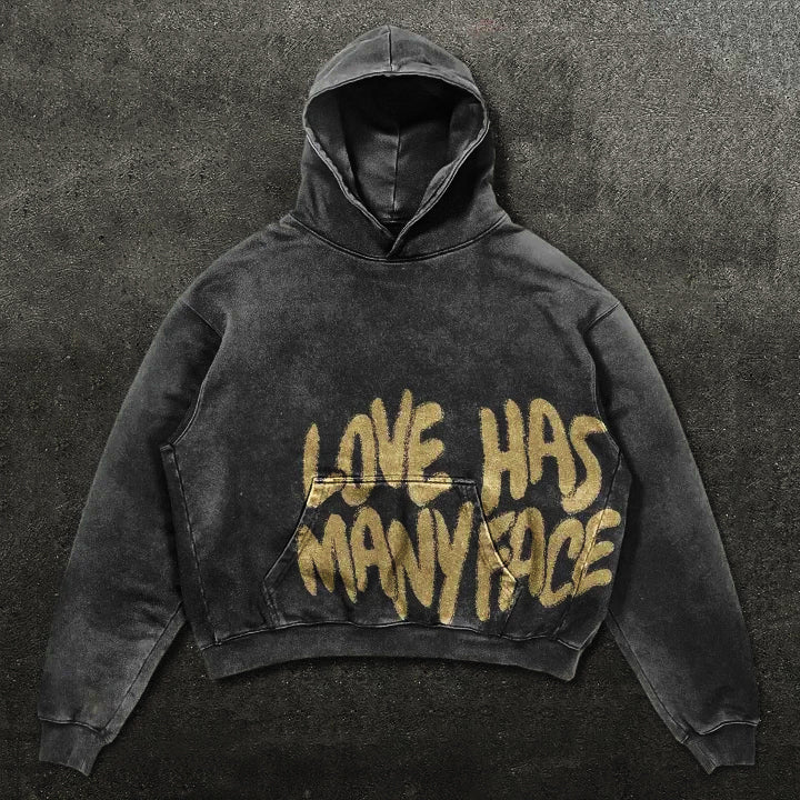 Love Has Many Face Letter Print Graphic Street Washed Hoodie