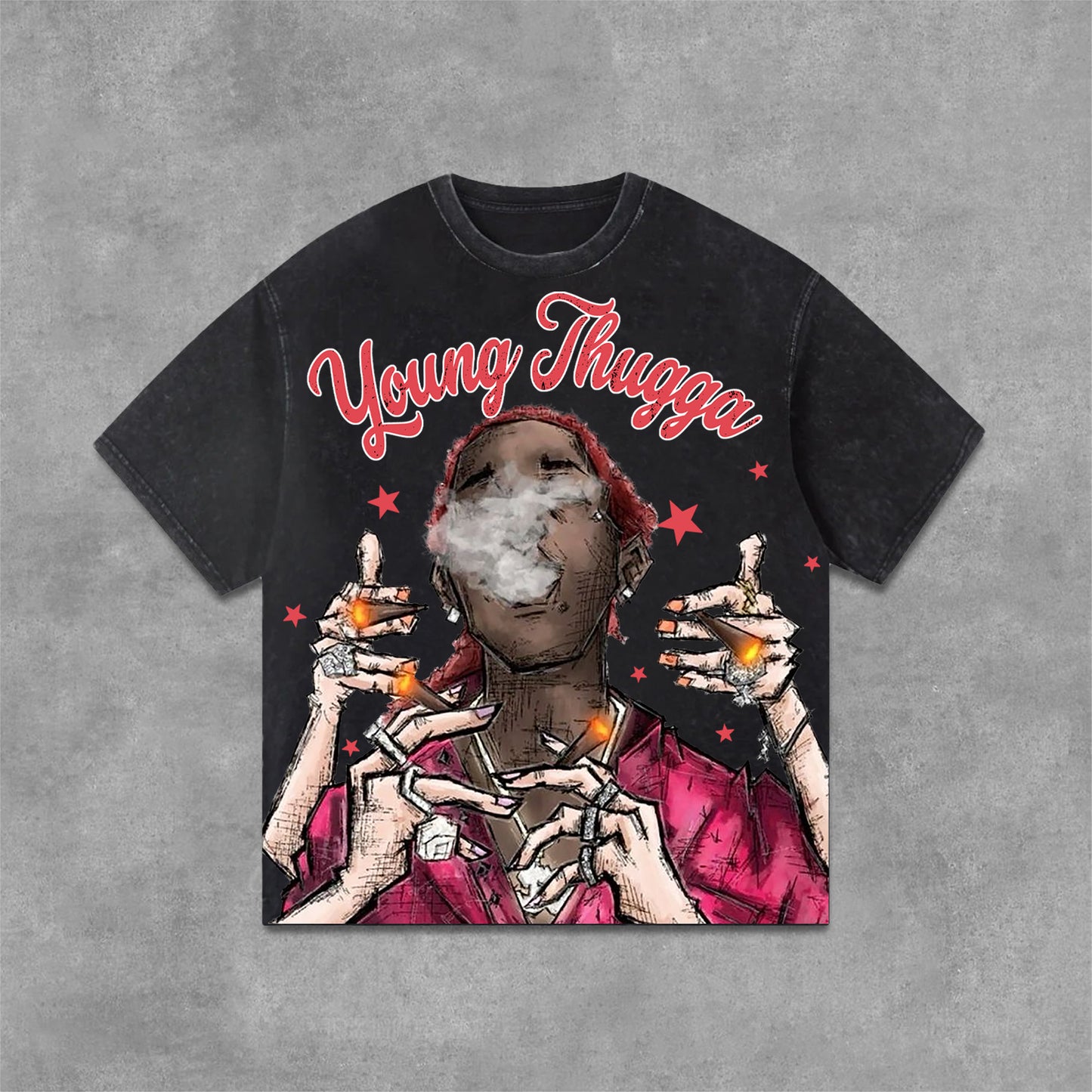 Young Thugga-Luh Lattt Graphics Print Acid Washed T-Shirt