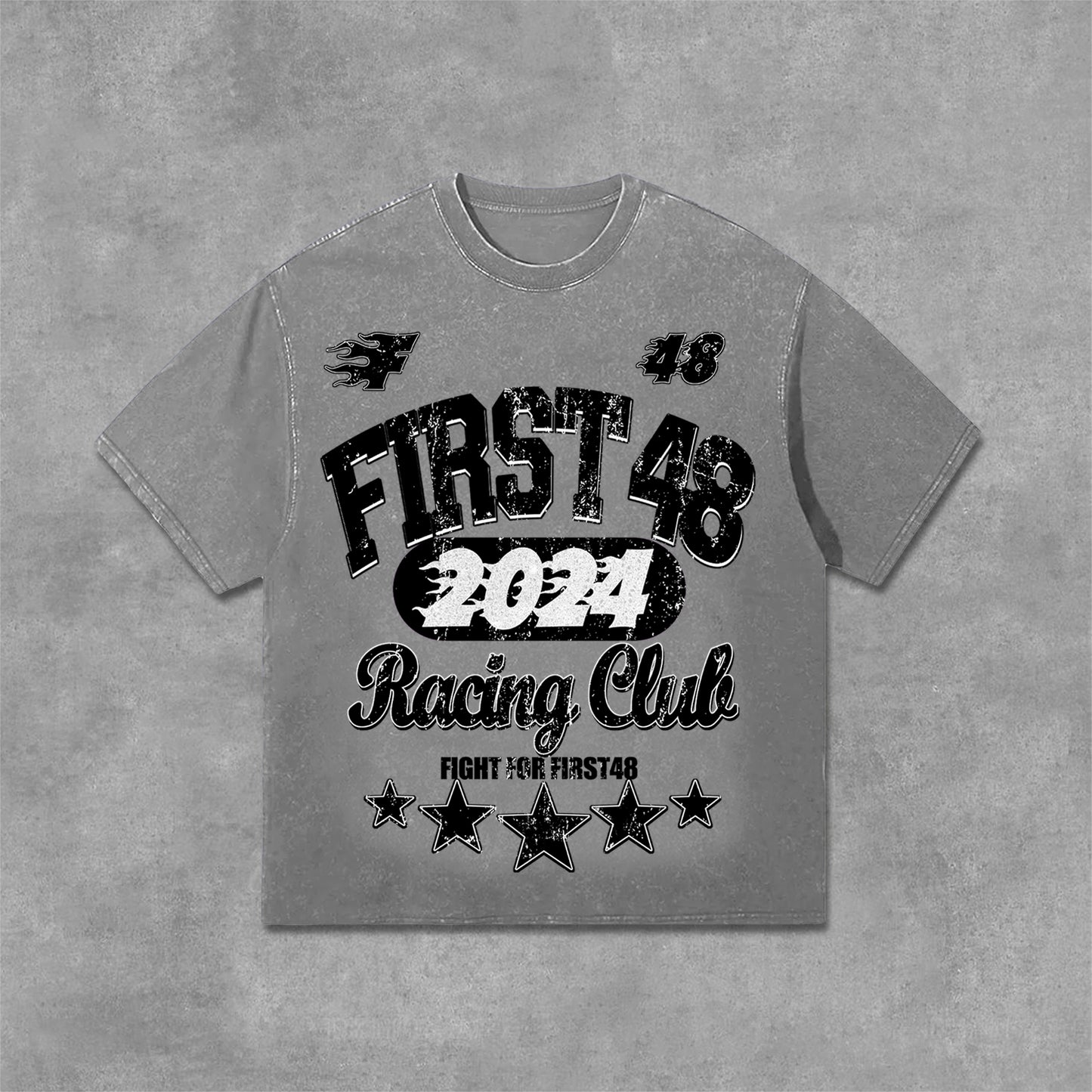 Vercoo Vintage Street First48 Racing Graphic Print Washed T-Shirt