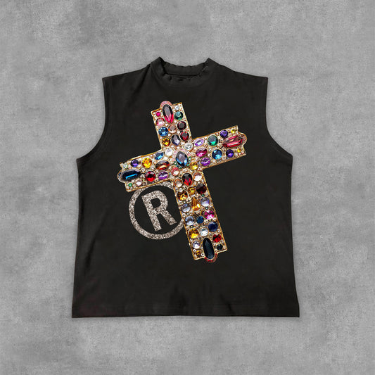 Diamond Cross Graphic Print Casual Cotton Tank Top