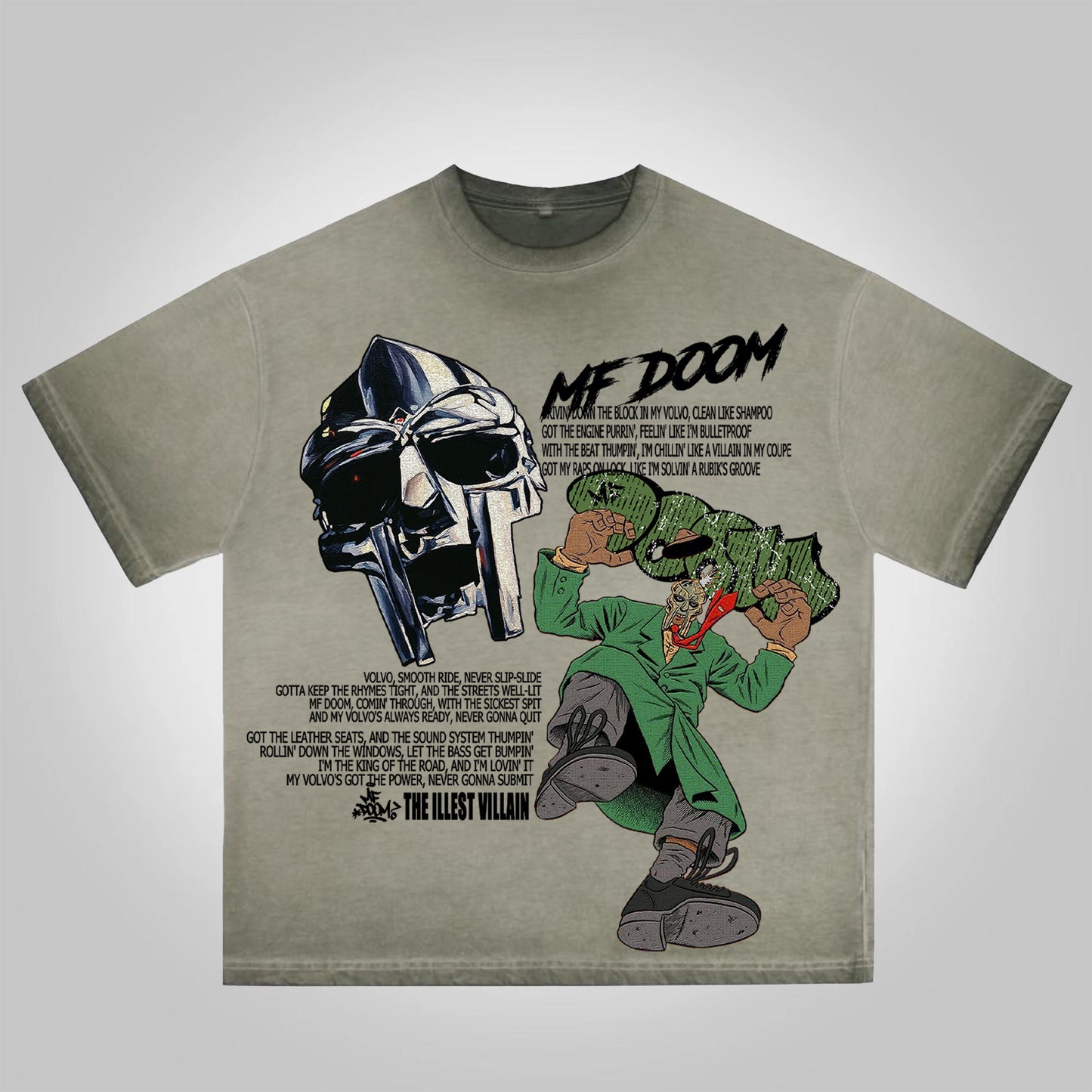 Vercoo Vintage The Illest Villain Mf Doom Graphic Print Washed Cotton T-Shirt