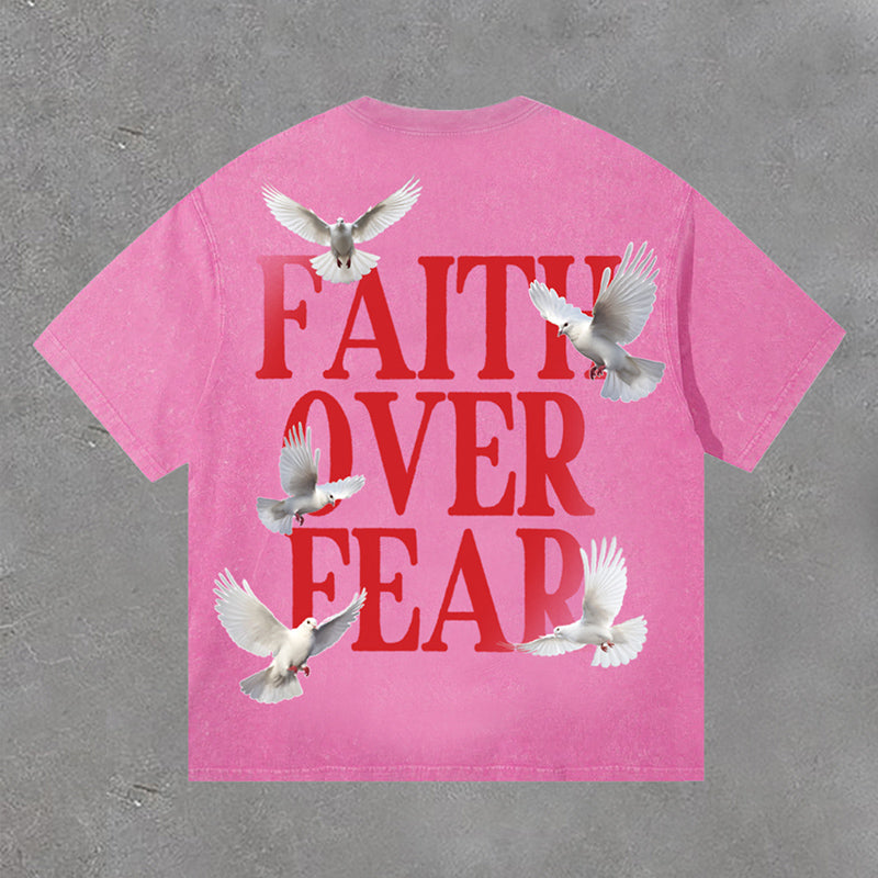 Vercoo Vintage Washed Faith Over Fear Print Short Sleeve T-Shirt