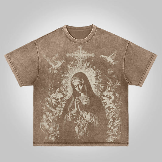 Vercoo Virgin Mary Praying Vintage Graphic Acid Washed T-Shirt