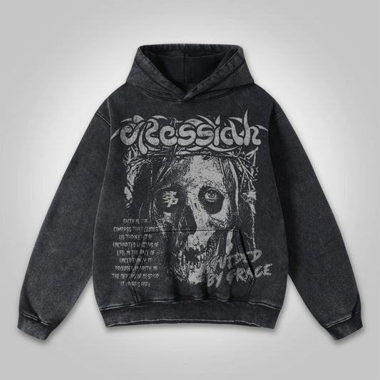 Vercoo Vintage Skull Jesus Faith Graphic Pocket Washed Hoodie