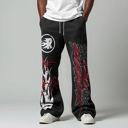 Flame Abstract Spider Web Graphic Flared Trousers