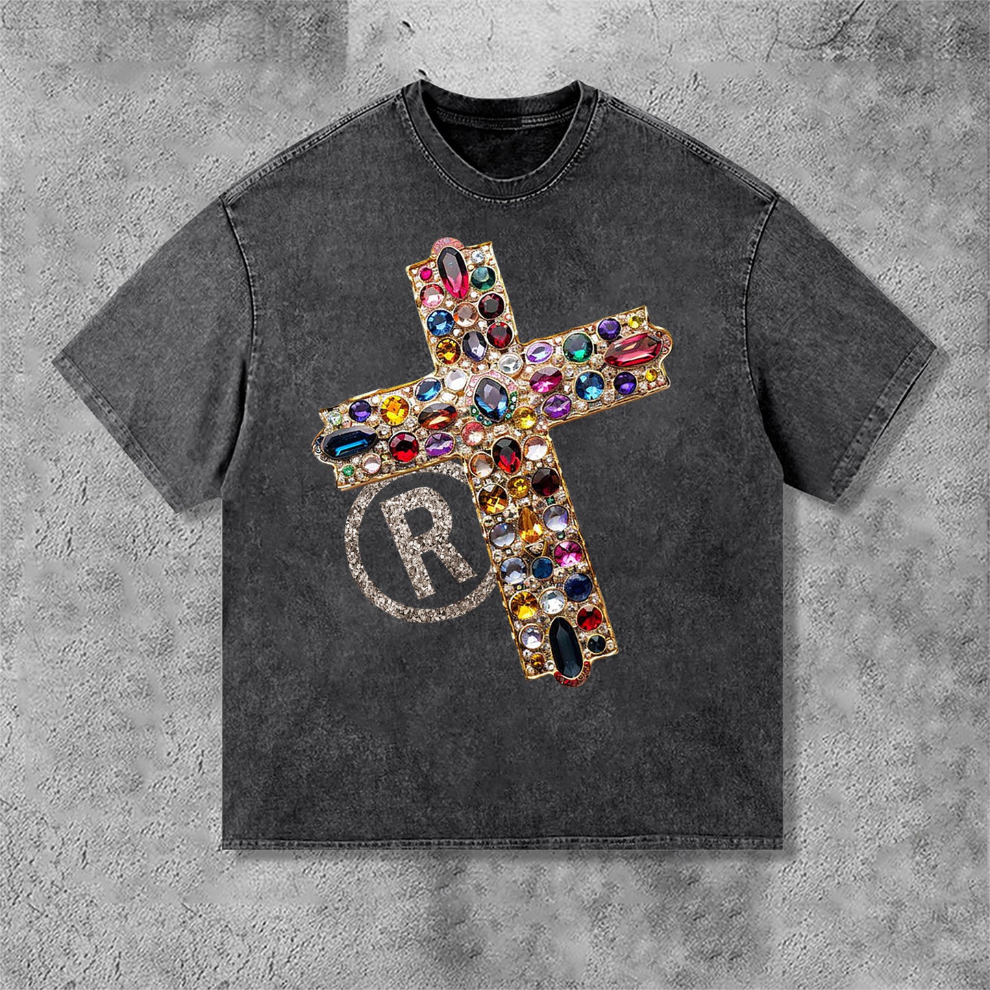 Diamond Cross Graphic Print Casual Acid Washed T-Shirt