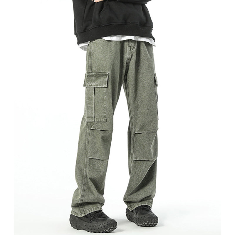 Men's Trendy Loose Wide-Leg Multi-Pocket Straight Pleated Work Pants