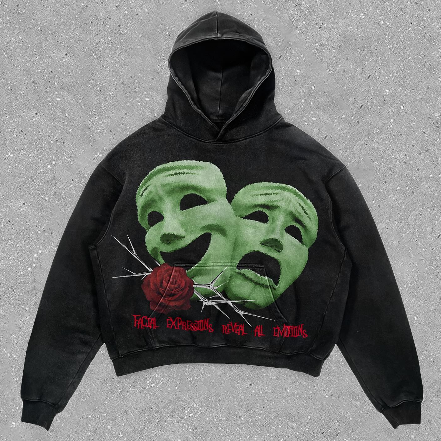 Vintage Mask Face Graphic Acid Washed Oversized Hoodie