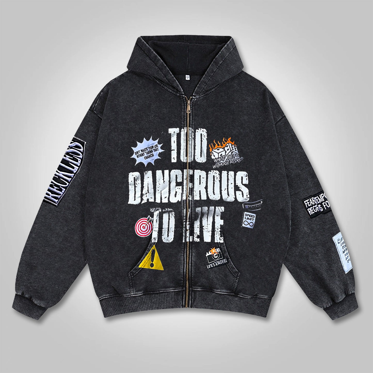 Vercoo Vintage Too Dangerous To Live Graphic Washed Zip-Up Hoodie