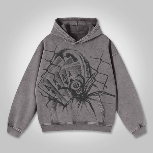 Vercoo Vintage Spider Playing Cards Graphic Washed Hoodie