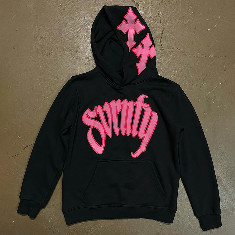 Cross Letter Graphic Print Pullover Hoodie