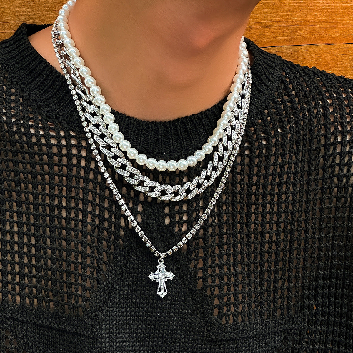 Men's Stylish Stacked Pearl Cross Necklace