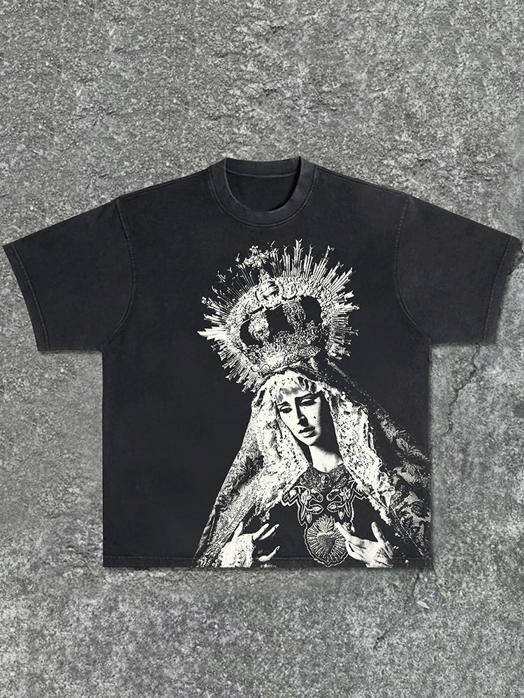 Men's Vintage The Scriptures Of The Blessed Virgin Mary Graphics Acid Washed T-Shirt