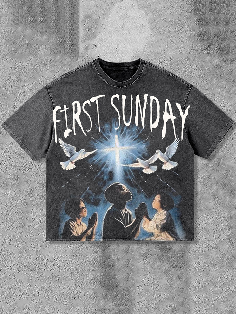 Vintage First Sunday Peace Dove Faith Graphic Acid Washed T-Shirt