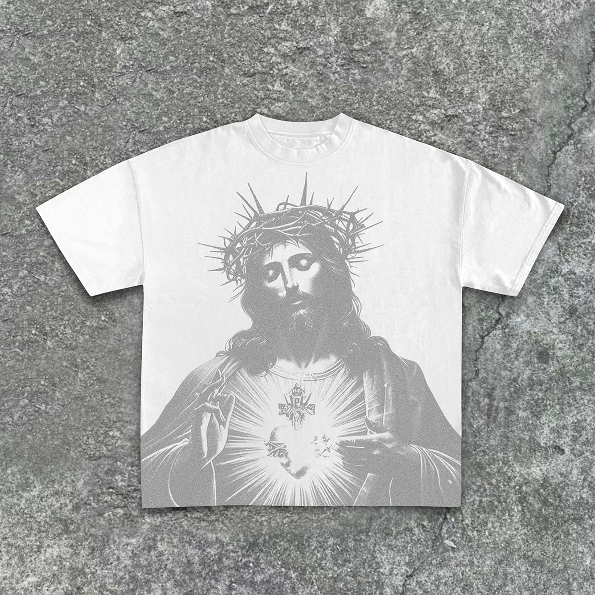 Vintage Jesus Print Round Neck Cotton T-Shirt