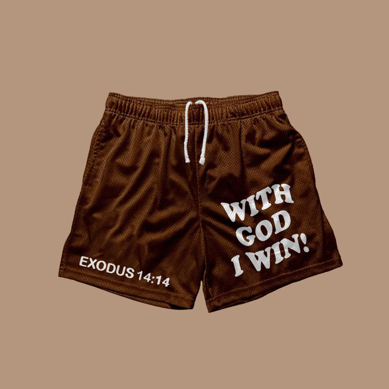 Vercoo With God I Win Print Casual Street Mesh Shorts