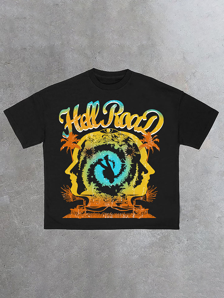 Hell Road Summer Color Portrait Graphic Print Cotton T-Shirt