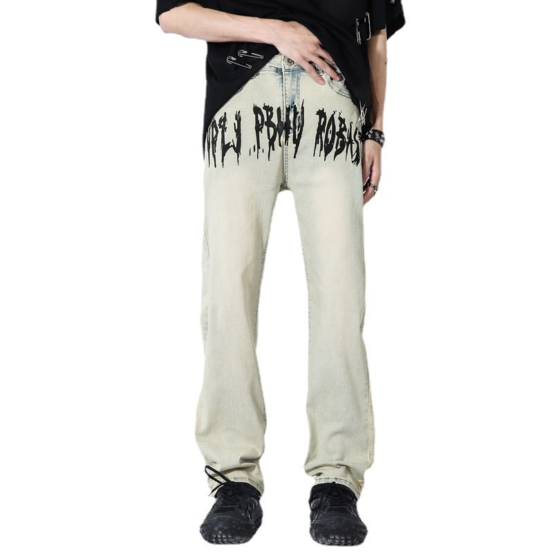 American High Street Graffiti Letters Washed Distressed Jeans