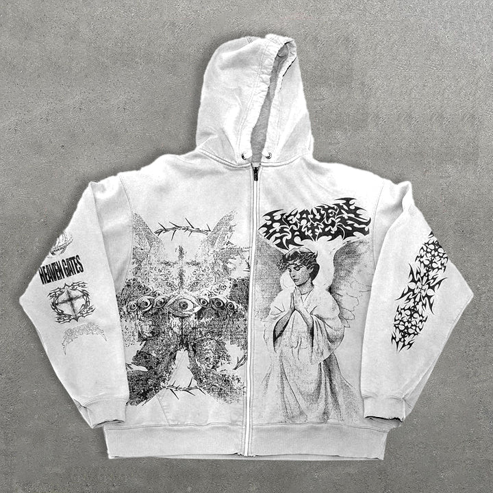 Heaven Gates Angelic Graphic Print Zip Up Hoodie