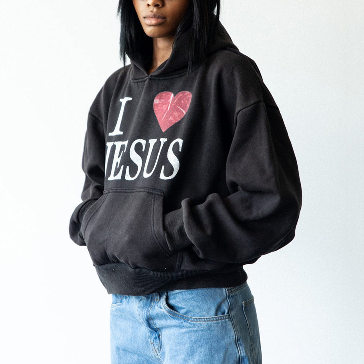 I Love Jesus Print Graphic Black Acid Washed Pullover Hoodie