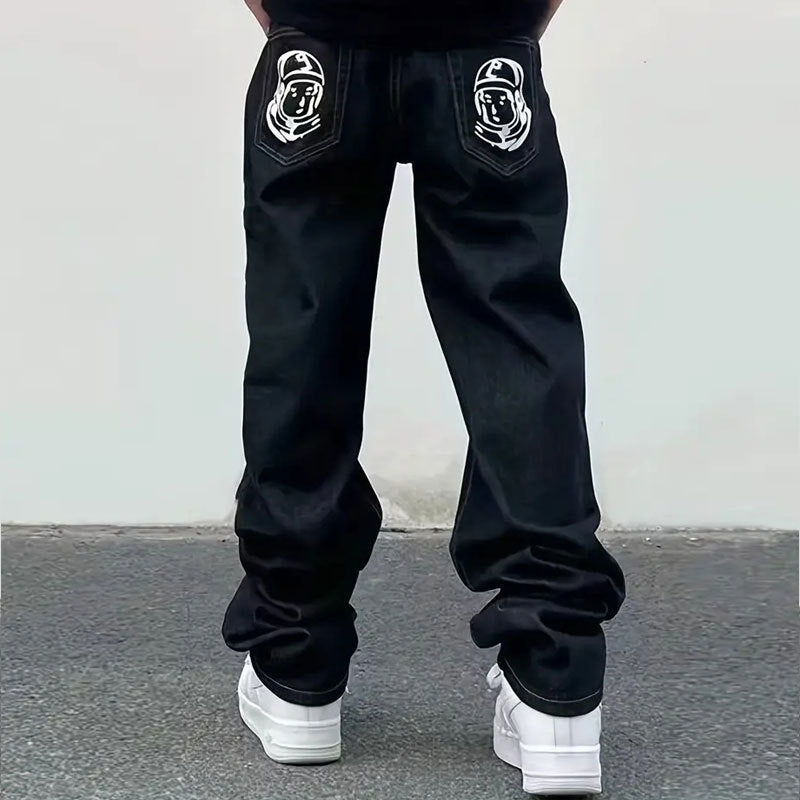 Men's Trendy Ins Hip Hop Flying Dog Print Straight Leg Loose Jeans