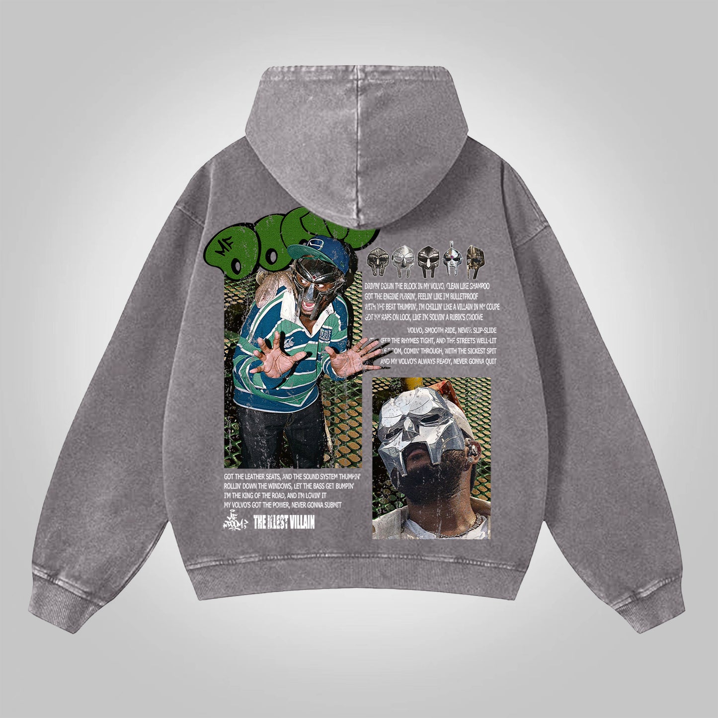 Vercoo Vintage The Illest Villain Mf Doom Graphic Washed Zip-Up Hoodie