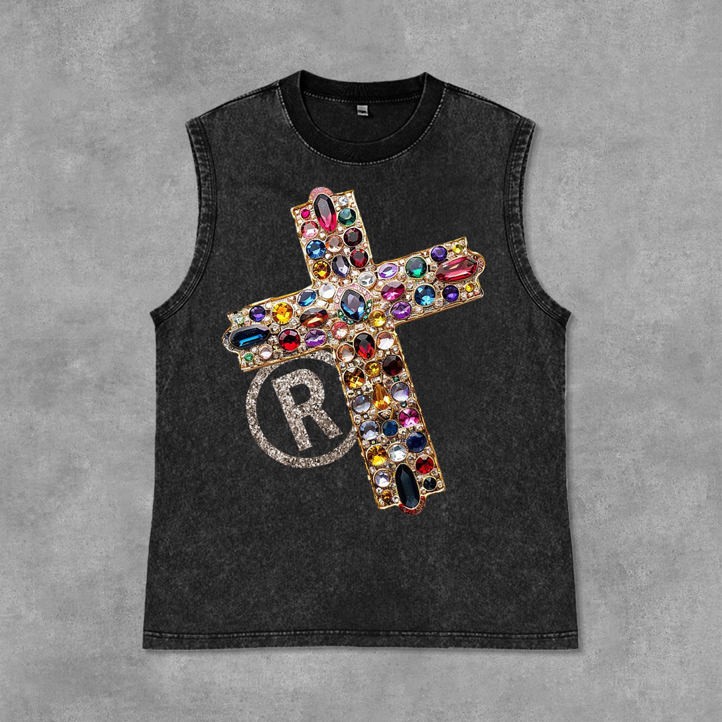 Diamond Cross Graphic Print Casual Acid Washed Sleeveless Tank Top