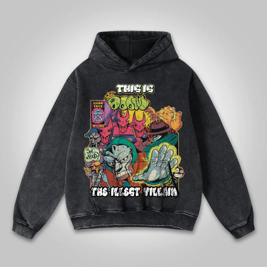 Vercoo Vintage The Illest Villain Mf Doom Graphic Washed Hoodie