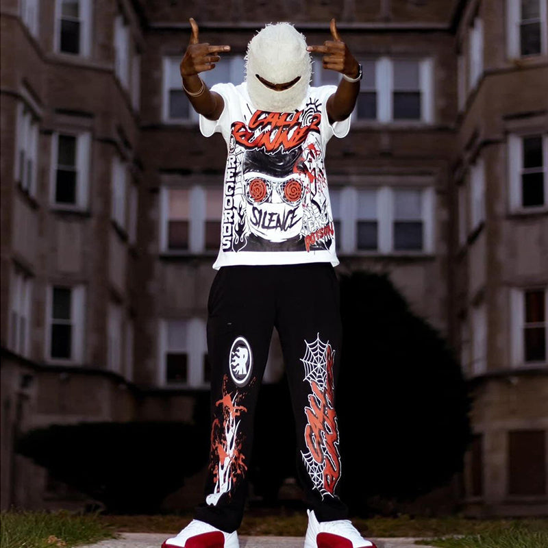 Flame Abstract Skiiiii Graphics Short Sleeve Tee & Flared Trousers Two Piece Set