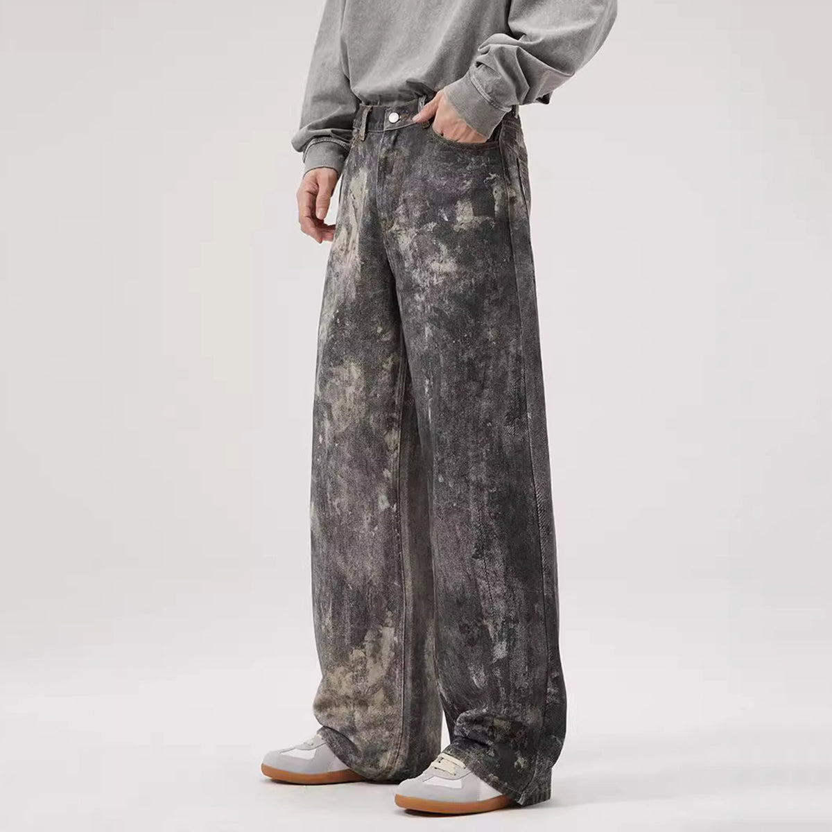 Men's Digital Print Gray And Black Baggy Jeans